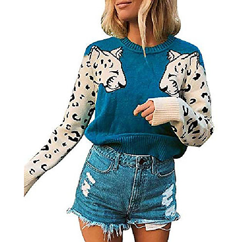 

women's leopard print sweaters crew neck long sleeve soft knit pullover tops