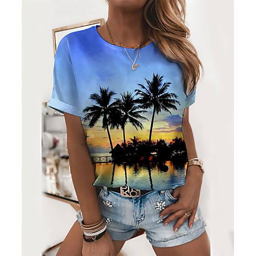 

Women's T shirt Graphic Scenery 3D Print Round Neck Tops Basic Beach Basic Top White Blue Light Blue