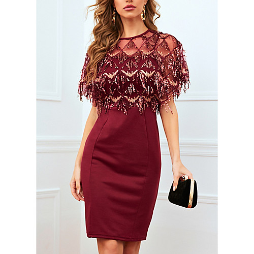 

Women's A Line Dress Knee Length Dress Wine Short Sleeve Solid Color Color Block Sequins Patchwork Summer Round Neck Casual 2021 S M L XL