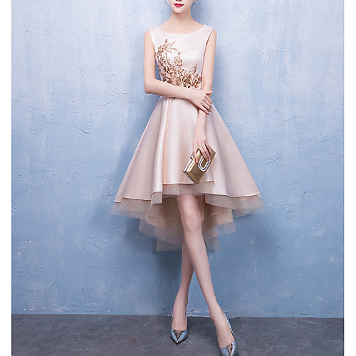 

A-Line Jewel Neck Tea Length Satin / Tulle Bridesmaid Dress with Appliques