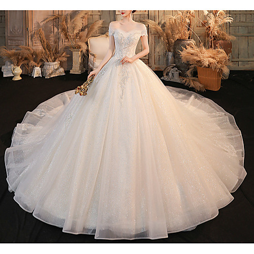

Princess Ball Gown Wedding Dresses Off Shoulder Chapel Train Lace Tulle Sequined Short Sleeve Formal Romantic Luxurious Sparkle & Shine with Beading Sequin Appliques 2021