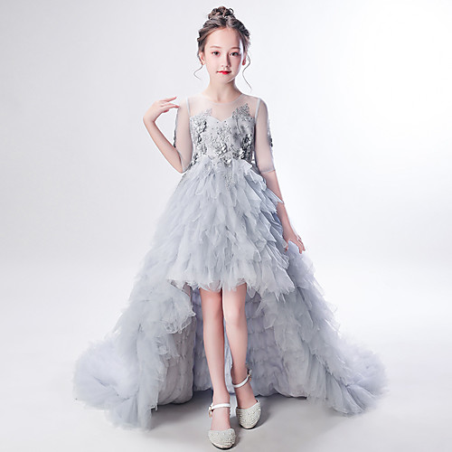 

Princess Sweep / Brush Train / Asymmetrical Event / Party / Pageant Flower Girl Dresses - Tulle Half Sleeve Jewel Neck with Beading / Appliques / Solid