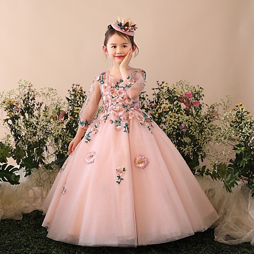 

Princess / Ball Gown Floor Length Wedding / Party Flower Girl Dresses - Tulle 3/4 Length Sleeve Jewel Neck with Beading / Appliques