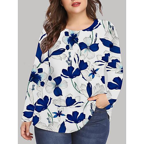 

Women's Plus Size Print Graphic Floral T shirt Large Size Crewneck Long Sleeve Basic Tops XL XXL 3XL Blue Big Size