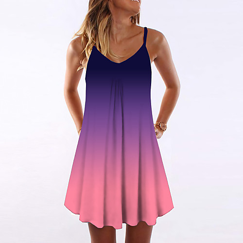

Women's Strap Dress Short Mini Dress Black Blue Purple Sleeveless Color Gradient Print Summer V Neck cold shoulder Casual 3D Print S M L XL XXL