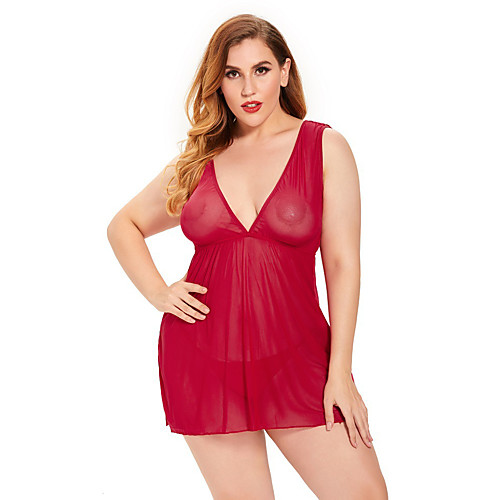 

Women's Mesh Babydoll & Slips Nightwear Solid Colored Red M L XL