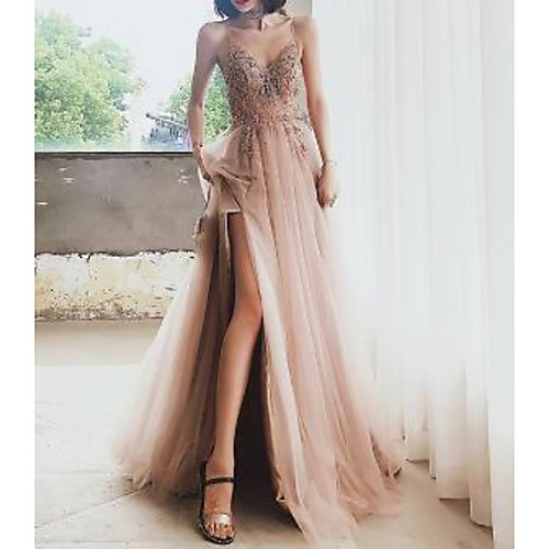 

A-Line Beautiful Back Sexy Engagement Prom Dress Spaghetti Strap Sleeveless Sweep / Brush Train Tulle with Pleats Sequin Split 2021