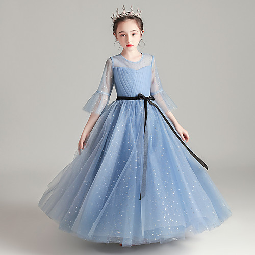 

Princess / Ball Gown Jewel Neck Floor Length Tulle Junior Bridesmaid Dress with Bow(s) / Pleats
