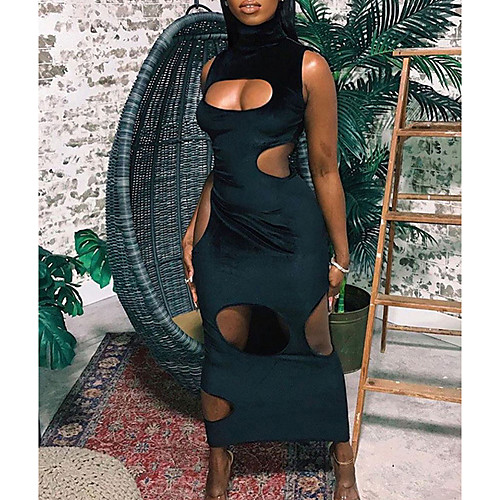 

Women's Sheath Dress Midi Dress Black Yellow Rose Red Sleeveless Solid Color Split Hollow To Waist Summer cold shoulder Casual Sexy 2021 S M L