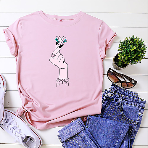 

Women's T shirt Heart Print Round Neck Tops 100% Cotton Basic Basic Top White Black Blue