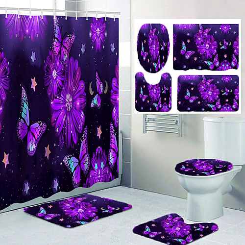 

Purple Flower Butterfly Bathroom Shower Curtain Leisure Toilet Four-piece Set