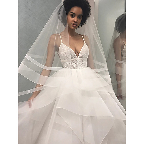 

A-Line Wedding Dresses V Neck Spaghetti Strap Floor Length Lace Organza Sleeveless Country Romantic with Cascading Ruffles 2021