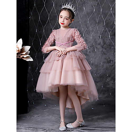 

Princess Asymmetrical Wedding / Event / Party Flower Girl Dresses - Tulle 3/4 Length Sleeve Jewel Neck with Tier / Solid / Paillette