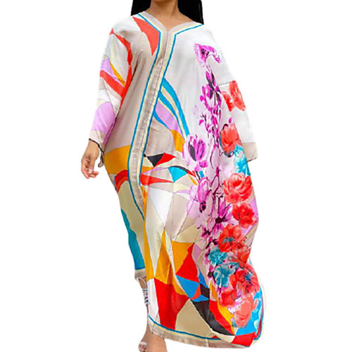 

Women's Kaftan Dress Maxi long Dress White Blue Red Long Sleeve Floral Print Summer V Neck Elegant 2021 S M L XL XXL