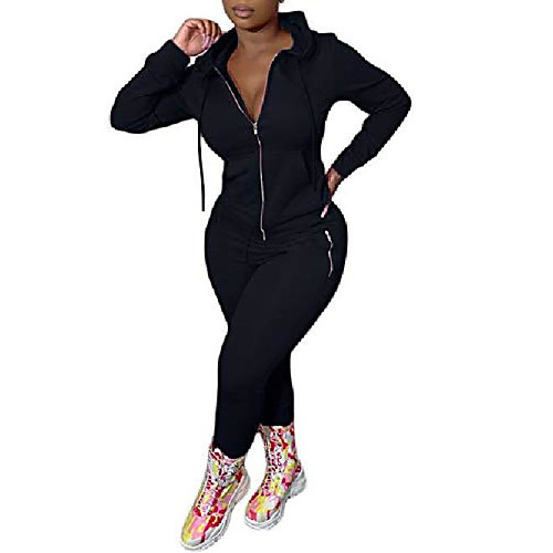 

womens casual 2 piece jumpsuit full zipper hoodie jacket tight pants plus size sets sweatsuits jogger black xxl