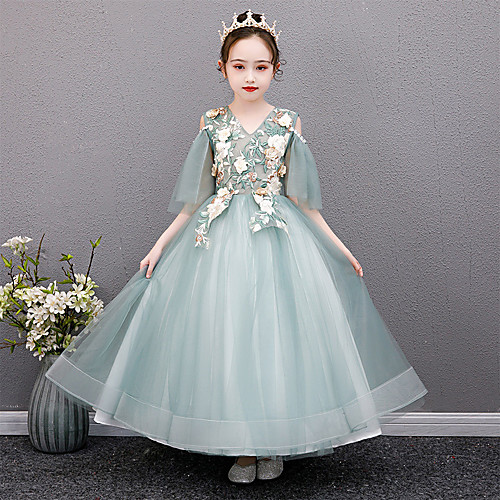 

Princess Ankle Length Wedding / Event / Party Flower Girl Dresses - Tulle Short Sleeve V Neck with Appliques / Butterfly / Solid