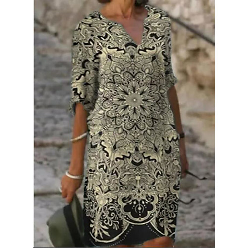 

Women's A Line Dress Knee Length Dress Black Purple 3/4 Length Sleeve Print Print Spring Summer V Neck Work 2021 S M L XL XXL 3XL