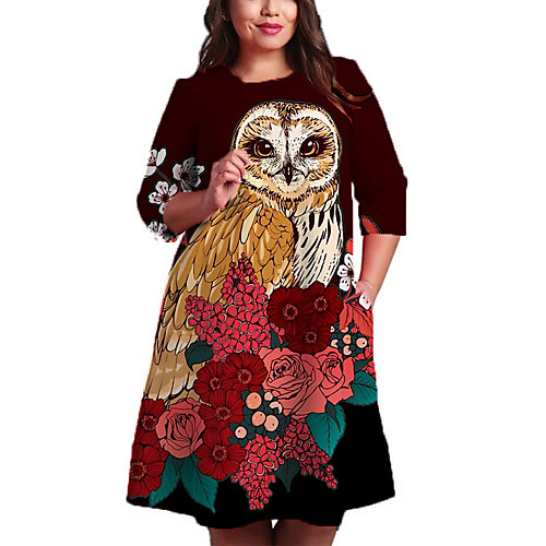 

Women's Plus Size Dresses Shift Dress Knee Length Dress 3/4 Length Sleeve Floral Color Block Animal Print Casual Fall Red XL XXL 3XL 4XL 5XL / Holiday