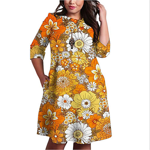 

Women's Plus Size Print Color Block Floral Print Casual 3/4 Length Sleeve Fall Knee Length Dress Shift Dress Red Orange