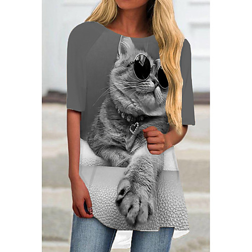 

Women's T Shirt Dress Tee Dress Short Mini Dress Black Khaki Gray Half Sleeve Cat Animal Print Spring Summer Round Neck Casual 2021 S M L XL XXL 3XL