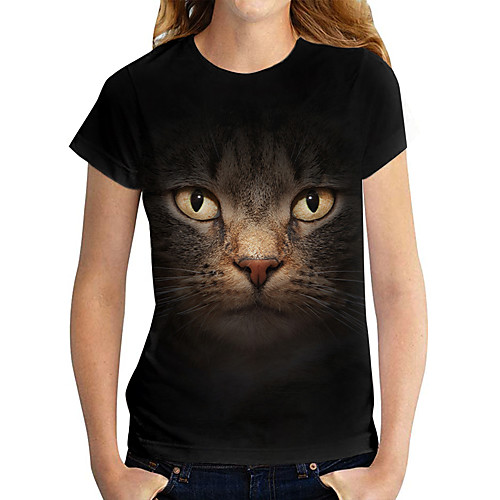 

Women's T shirt Cat Graphic 3D Print Round Neck Tops Basic Basic Top Black