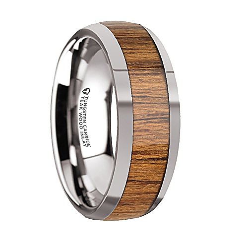 

thorsten thekka domed style tungsten carbide wedding ring with teak wood wood inlay and polished beveled edges comfort fit durable wooden wedding band rings - 8mm