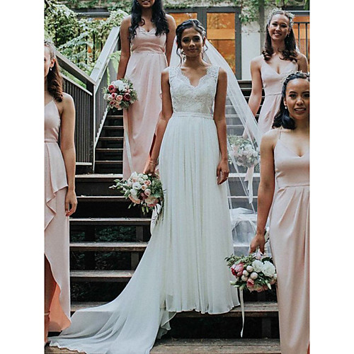 

Sheath / Column Wedding Dresses V Neck Court Train Chiffon Lace Sleeveless Romantic Beach with Pleats Appliques 2021