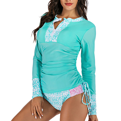 

Women's Rash Guard Diving Swimsuit Drawstring Slim Solid Color Stripe blue-green Swimwear Padded Bodysuit High Neck Bathing Suits New Fashion Sexy