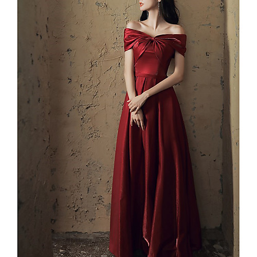 

A-Line Wedding Dresses Off Shoulder Floor Length Satin Sleeveless Simple Vintage with 2021