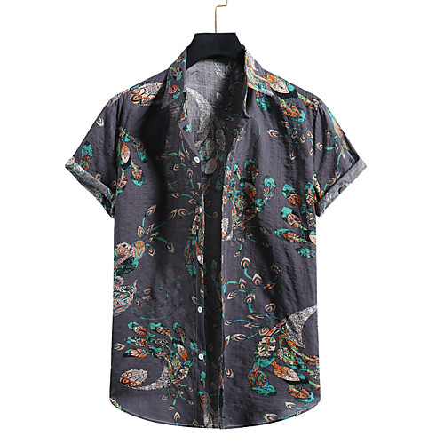 

Men's Shirt Other Prints Peacock Print Short Sleeve Casual Tops Beach Hawaiian Khaki Gray