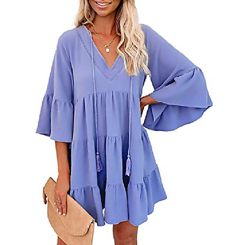 

gosopin women tunic dress v neck ruffle swing shift dresses medium solid sky blue