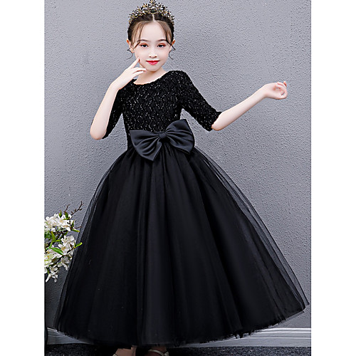 

Princess / Ball Gown Jewel Neck Floor Length Tulle Junior Bridesmaid Dress with Sash / Ribbon / Bow(s)