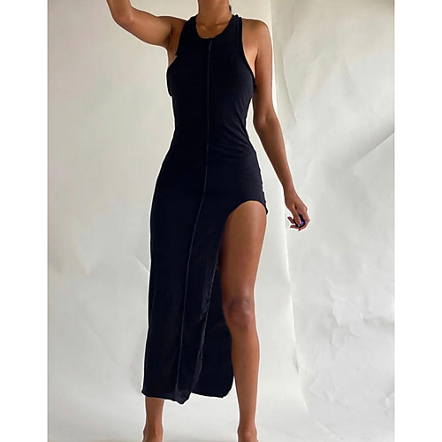 

Women's Strap Dress Midi Dress Black Beige Sleeveless Solid Color Split Summer Round Neck cold shoulder Casual Sexy 2021 S M L