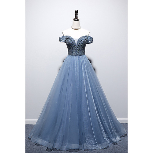 

A-Line Glittering Sexy Engagement Prom Dress Off Shoulder Short Sleeve Floor Length Tulle with Pleats Beading 2021