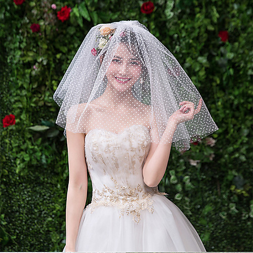 

Two-tier Cute Wedding Veil Shoulder Veils with Scattered Bead Floral Motif Style Tulle