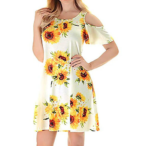 

hvepuo women home service short sleeve off the shoulder loose pockets sunflower print midi dresses for women casual summer white xl