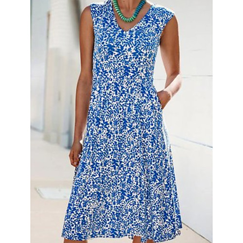 

Women's Shift Dress Knee Length Dress Blue Light Blue Sleeveless Floral Patchwork Print Fall Summer Round Neck Elegant Casual Cotton 2021 S M L XL XXL 3XL
