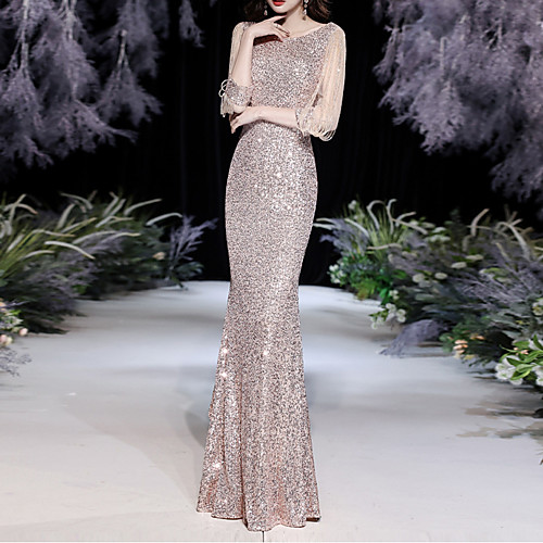 

Mermaid / Trumpet Sparkle Sexy Wedding Guest Formal Evening Dress Jewel Neck 3/4 Length Sleeve Floor Length Sequined with Sequin Tassel 2021