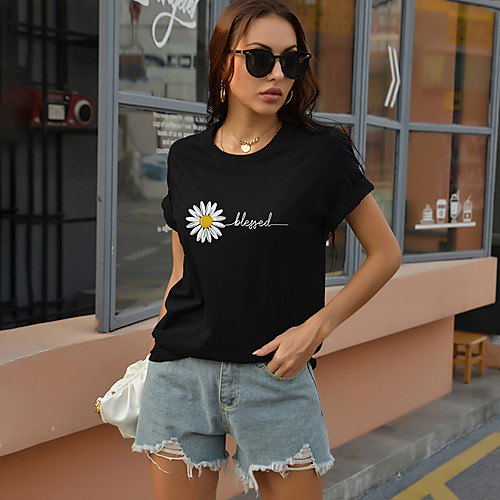 

Women's T shirt Letter Print Round Neck Tops Cotton Basic Basic Top White Black Red