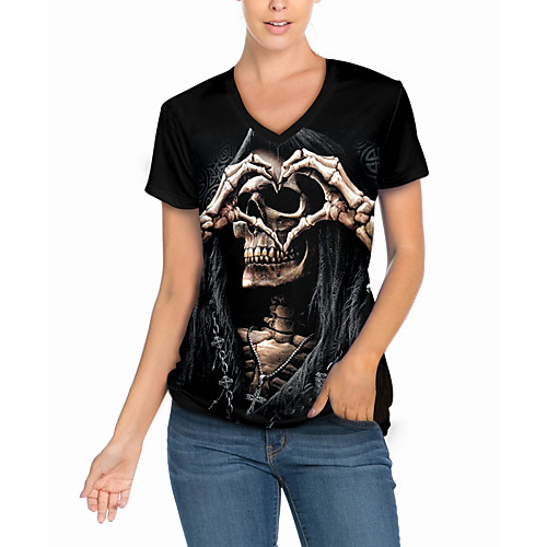 

Women's Halloween T-shirt Skull V Neck Tops Halloween Basic Top White Blue Red