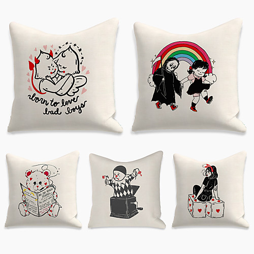 

5 pcs Linen Pillow Cover, Cartoon Square Zipper Polyester Traditional Classic