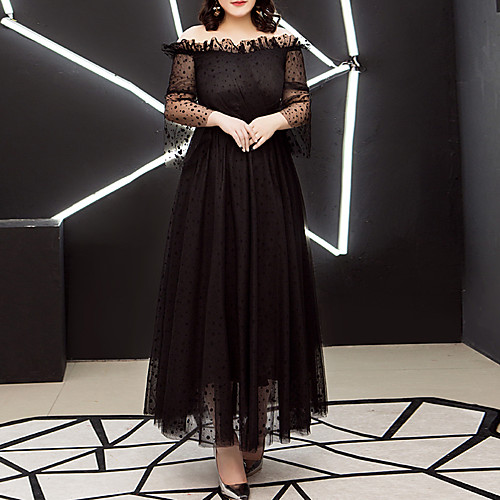 

A-Line Plus Size Elegant Homecoming Cocktail Party Dress Off Shoulder 3/4 Length Sleeve Ankle Length Tulle with Pleats 2021