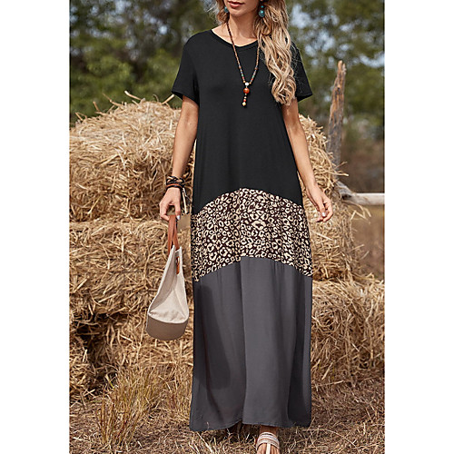 

Women's Shift Dress Maxi long Dress Black Short Sleeve Print Print Summer V Neck Elegant 2021 S M L XL
