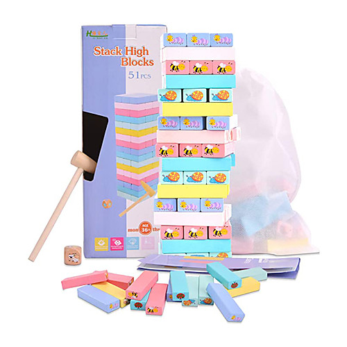 

Colorful Jenga Game with Animal Painted - Tumble Tower Game Educational Toy for Kids 3 Years and Up - 51 Pieces Stacking Blocks with Storage Bag