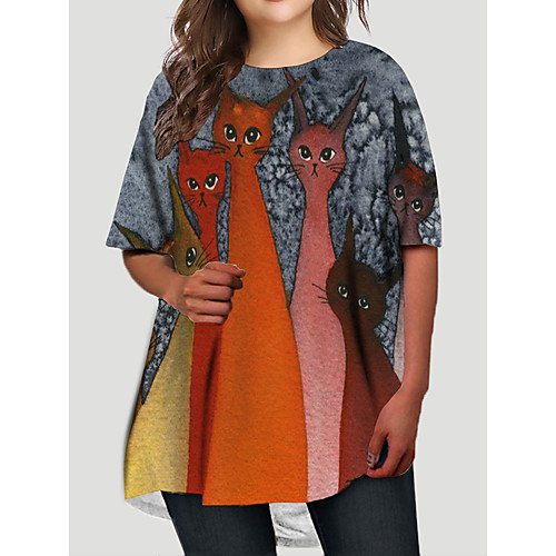 

Women's Plus Size Cat Graphic Animal Print Casual Half Sleeve Fall Short Mini Dress T Shirt Dress Tee Dress White Red