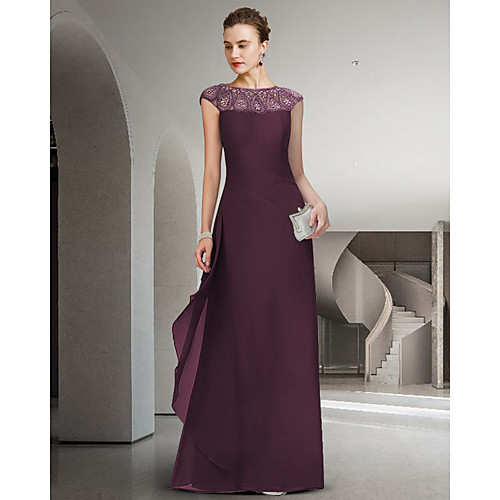 

Sheath / Column Mother of the Bride Dress Elegant Jewel Neck Floor Length Chiffon Lace Sleeveless with Ruffles 2021