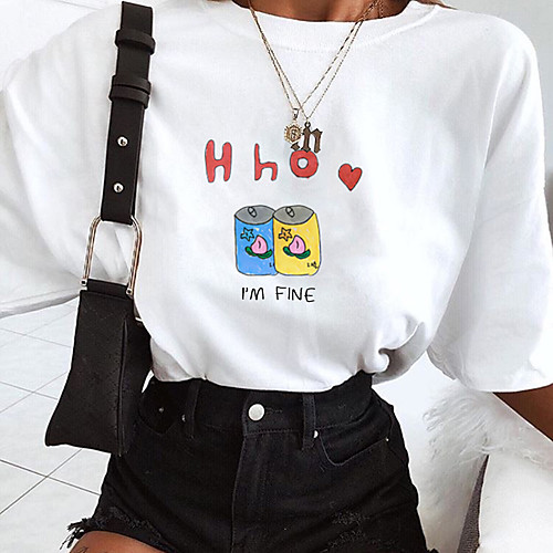 

Women's T shirt Cartoon Graphic Letter Print Round Neck Tops Cotton Basic Basic Top White Black Purple