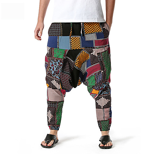 

Men's Folk Style Chino Harem Pants Color Block Full Length Blue Red