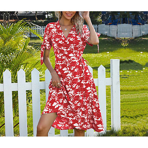 

Women's A Line Dress Knee Length Dress Wine Green Short Sleeve Floral Split Print Summer V Neck Elegant 2021 S M L XL