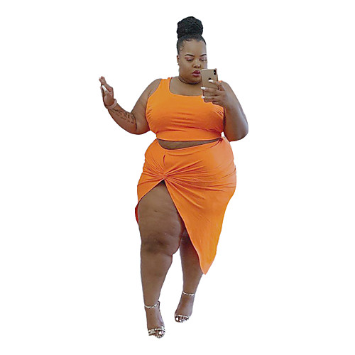 

Women's Plus Size Split Solid Colored Two Piece Orange
